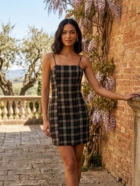 🎀Eclipse Black and Tan Plaid Mini Dress